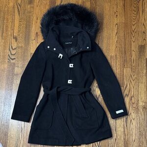 Calvin Klein Black Wool Pea Coat with Faux Fur Hood